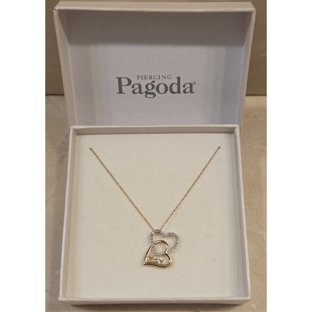 New Piercing Pagoda 10k Gold 1/10 CTW Diamond Double Heart‎ Mom Necklace 18"